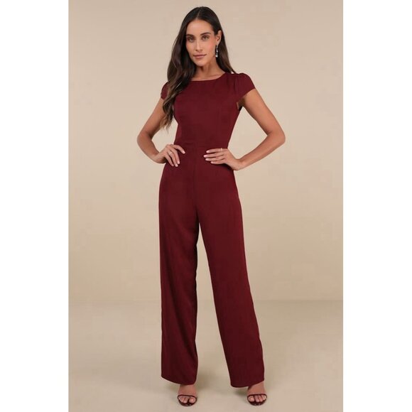 Lulus Jumpsuit Womens L Illustrious Charm Burgundy Cap Sleeve Cutout New/Defects - Picture 2 of 16